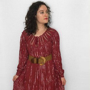 70s Hippie PEASANT Dress in Burgundy & Metallic Silver by Nida for Bebe